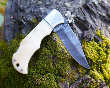 Handmade Damascus Folding Knife - Bone Handle, Razor Sharp EDC Pocket Knife, Premium Hunting, Survival, Outdoor and Collectible Blade